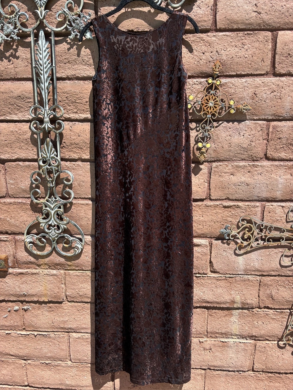 Vintage 90s DW3 David Warren Burnout Velvet Maxi Dress Sz 4 Brown Floral Gothic